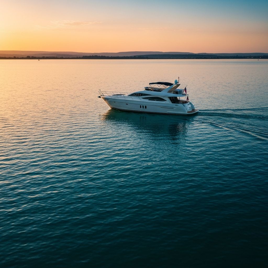 Yacht on calm lake waters at golden hour